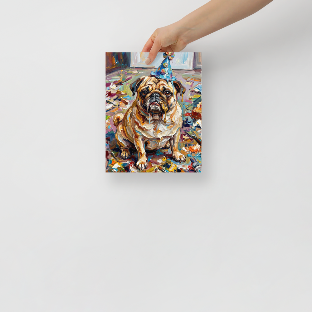 'Messy Celebration' — a Expressionism,Pop art print. Colorful impasto painting of a pug in a birthday hat covered in paint, perfect for a playroom.