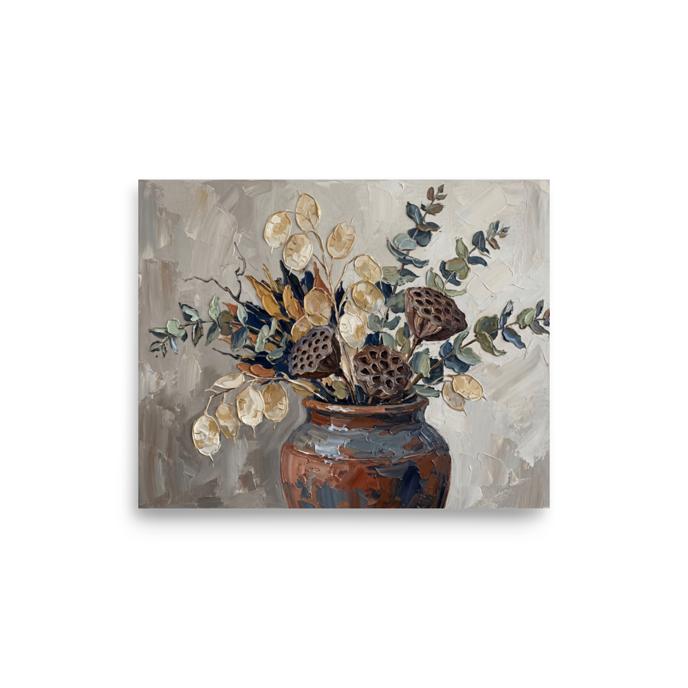 'Earthy Blooms in Clay' — a Expressionism print. An impasto painting of dried botanicals in a brown clay vase, perfect for adding earthy texture to a Living Room.