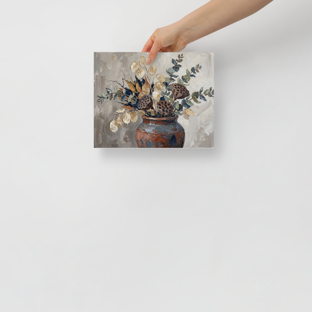 'Earthy Blooms in Clay' — a Expressionism print. An impasto painting of dried botanicals in a brown clay vase, perfect for adding earthy texture to a Living Room.
