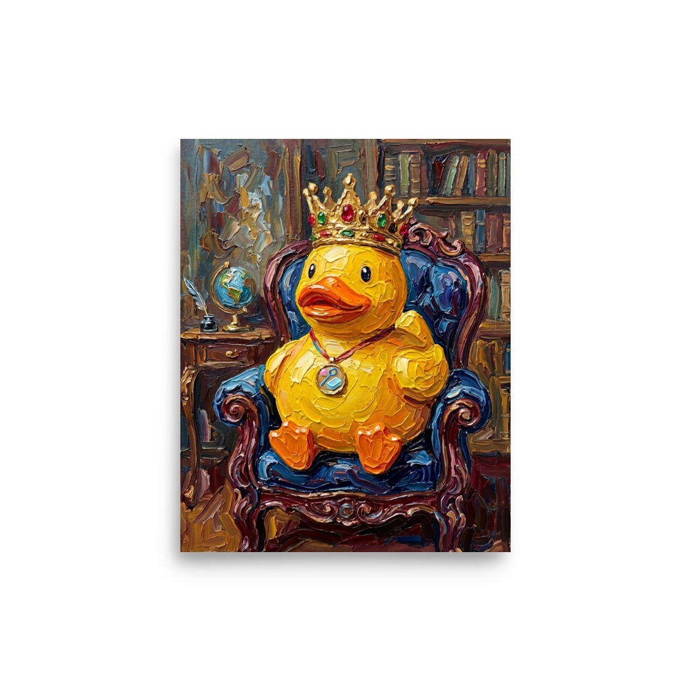 'His Royal Quackness' — a Lowbrow,Pop art print. Funny impasto painting of a rubber duck wearing a crown sitting in an armchair, ideal for a quirky office.