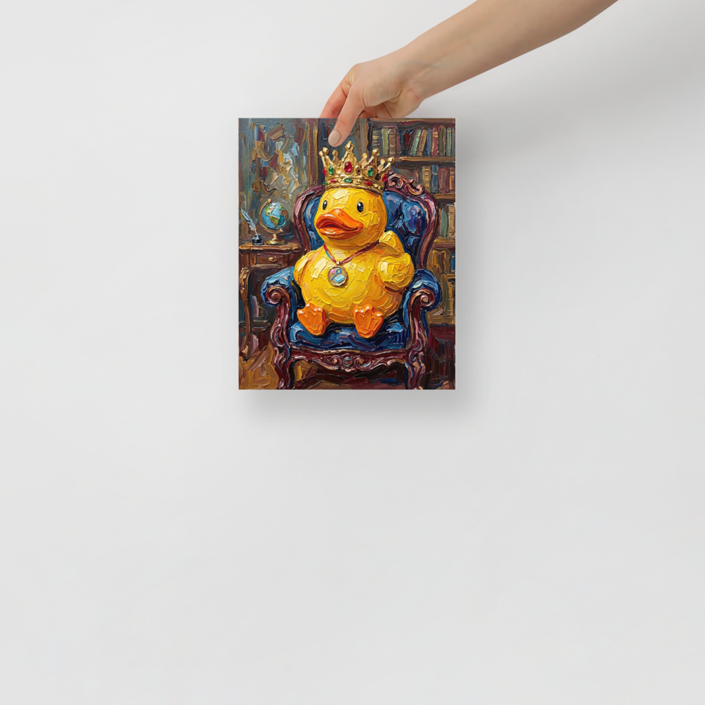 'His Royal Quackness' — a Lowbrow,Pop art print. Funny impasto painting of a rubber duck wearing a crown sitting in an armchair, ideal for a quirky office.