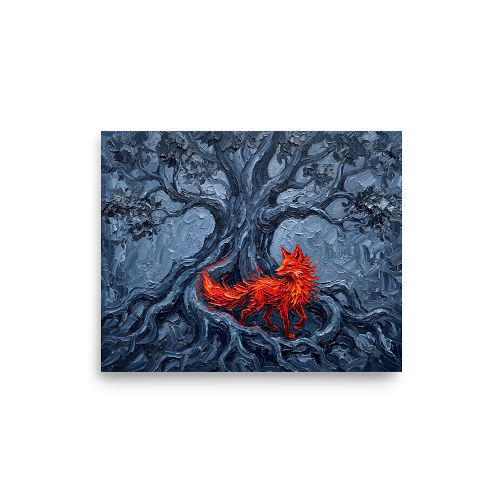 'The Fox in the Shadows' — a Expressionism print. An impasto painting of a bright red fox among dark twisting roots, bringing a touch of the wild to an Office.