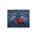 'The Fox in the Shadows' — a Expressionism print. An impasto painting of a bright red fox among dark twisting roots, bringing a touch of the wild to an Office.