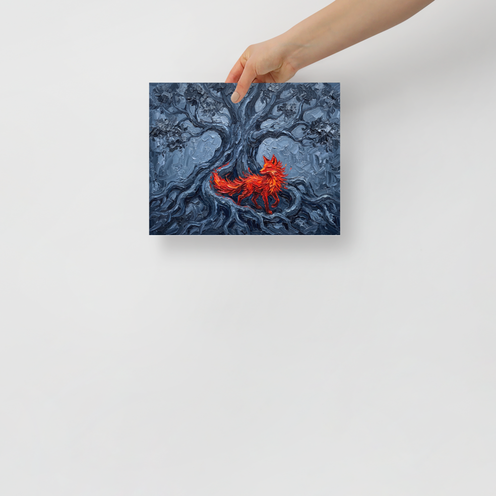 'The Fox in the Shadows' — a Expressionism print. An impasto painting of a bright red fox among dark twisting roots, bringing a touch of the wild to an Office.