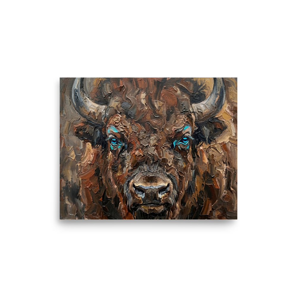 'Gaze of the Plains' — a Realism print. An impasto portrait of a brown bison with bright blue eyes, adding rustic strength to a Man Cave.