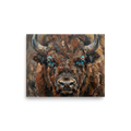 'Gaze of the Plains' — a Realism print. An impasto portrait of a brown bison with bright blue eyes, adding rustic strength to a Man Cave.