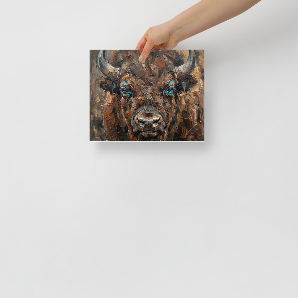 'Gaze of the Plains' — a Realism print. An impasto portrait of a brown bison with bright blue eyes, adding rustic strength to a Man Cave.
