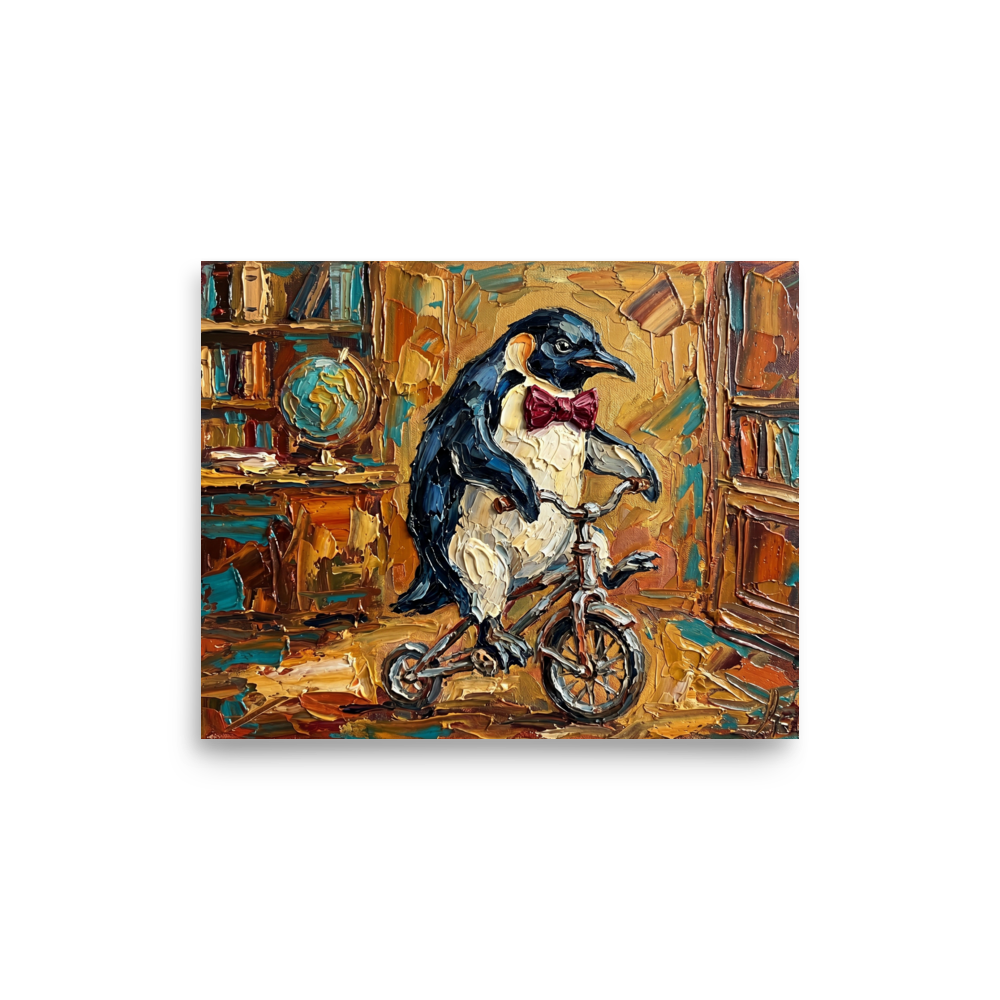 'The Educated Penguin' — a Impressionism print. An oil painting of a penguin wearing a red bow tie riding a bicycle in a library, perfect for a quirky office or living room.