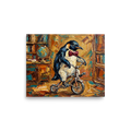 'The Educated Penguin' — a Impressionism print. An oil painting of a penguin wearing a red bow tie riding a bicycle in a library, perfect for a quirky office or living room.