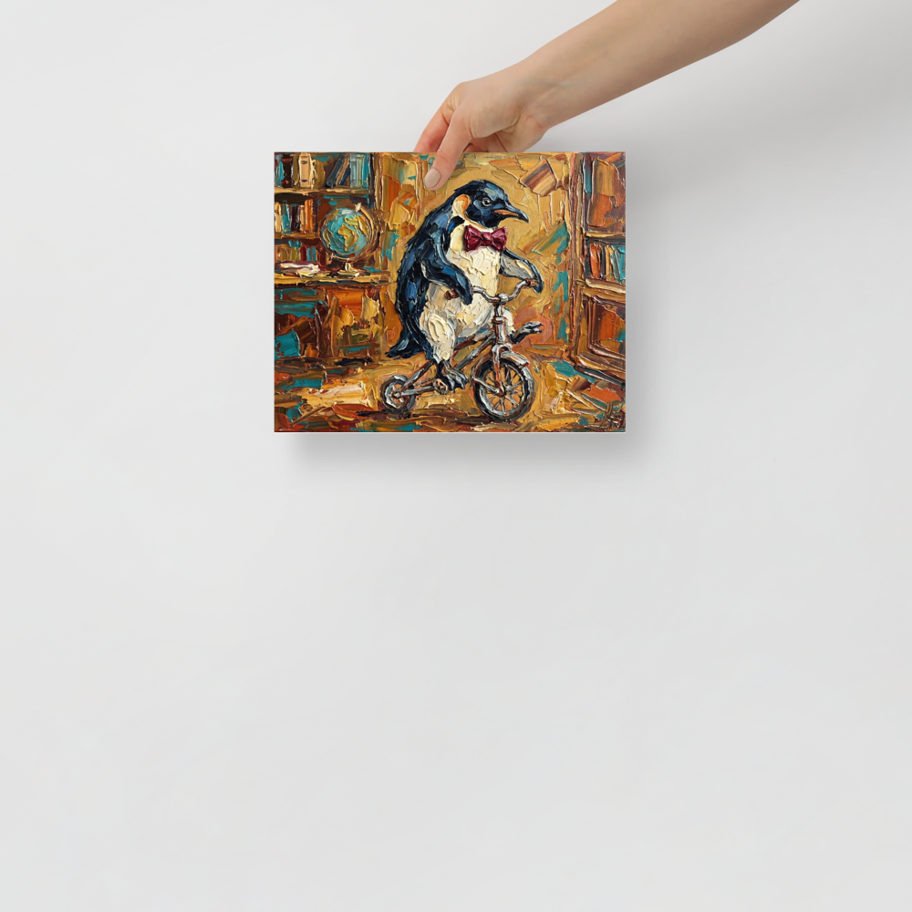 'The Educated Penguin' — a Impressionism print. An oil painting of a penguin wearing a red bow tie riding a bicycle in a library, perfect for a quirky office or living room.
