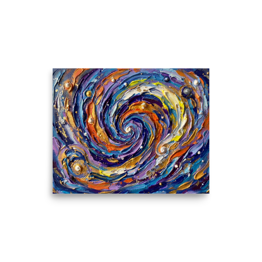 'Cosmic Swirl' — a Abstract expressionism print. A textured and swirling galaxy of blues, purples, and golds, creating an awe-inspiring focal point for a living room.