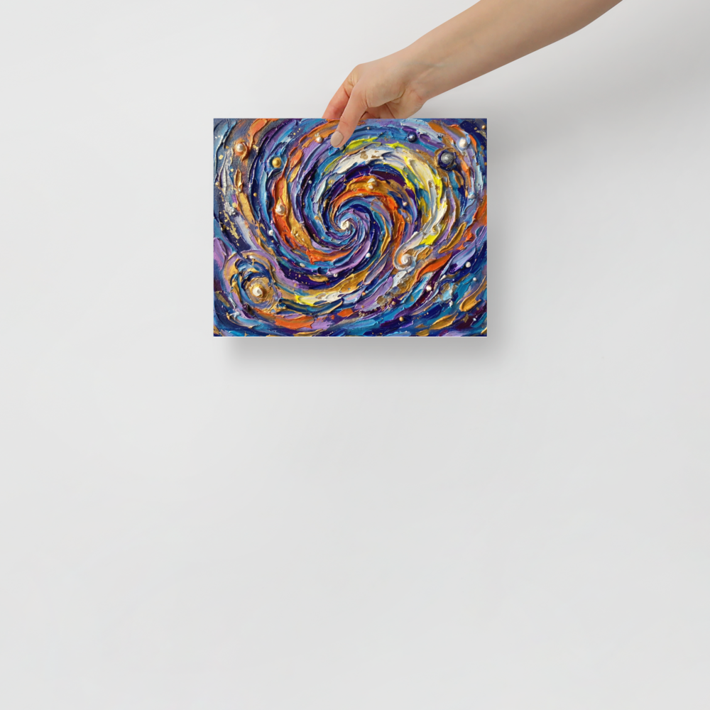 'Cosmic Swirl' — a Abstract expressionism print. A textured and swirling galaxy of blues, purples, and golds, creating an awe-inspiring focal point for a living room.