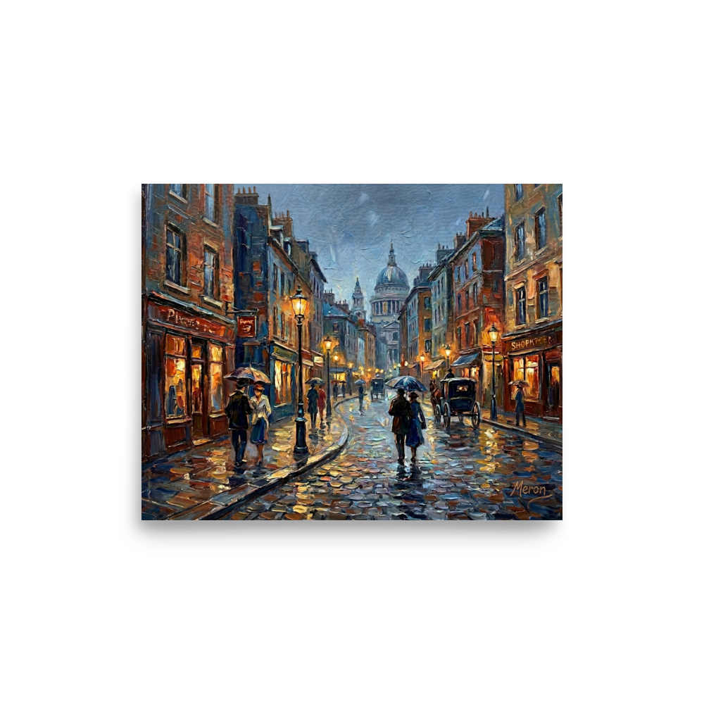 'Evening Rain in the City' — a Impressionism print. A textured impasto painting of a rainy city street at twilight with glowing shop windows and people holding umbrellas, suitable for a living room.