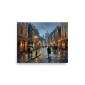 'Evening Rain in the City' — a Impressionism print. A textured impasto painting of a rainy city street at twilight with glowing shop windows and people holding umbrellas, suitable for a living room.