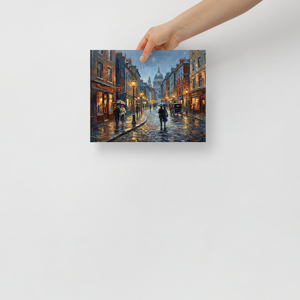 'Evening Rain in the City' — a Impressionism print. A textured impasto painting of a rainy city street at twilight with glowing shop windows and people holding umbrellas, suitable for a living room.