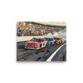 'Thunder on the Track' — a Expressionism print. A highly textured painting of stock cars racing and billowing smoke on a track, perfect for a man cave.