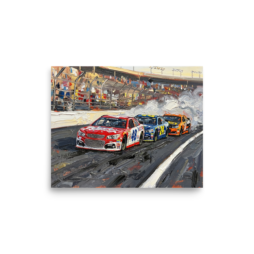 'Thunder on the Track' — a Expressionism print. A highly textured painting of stock cars racing and billowing smoke on a track, perfect for a man cave.