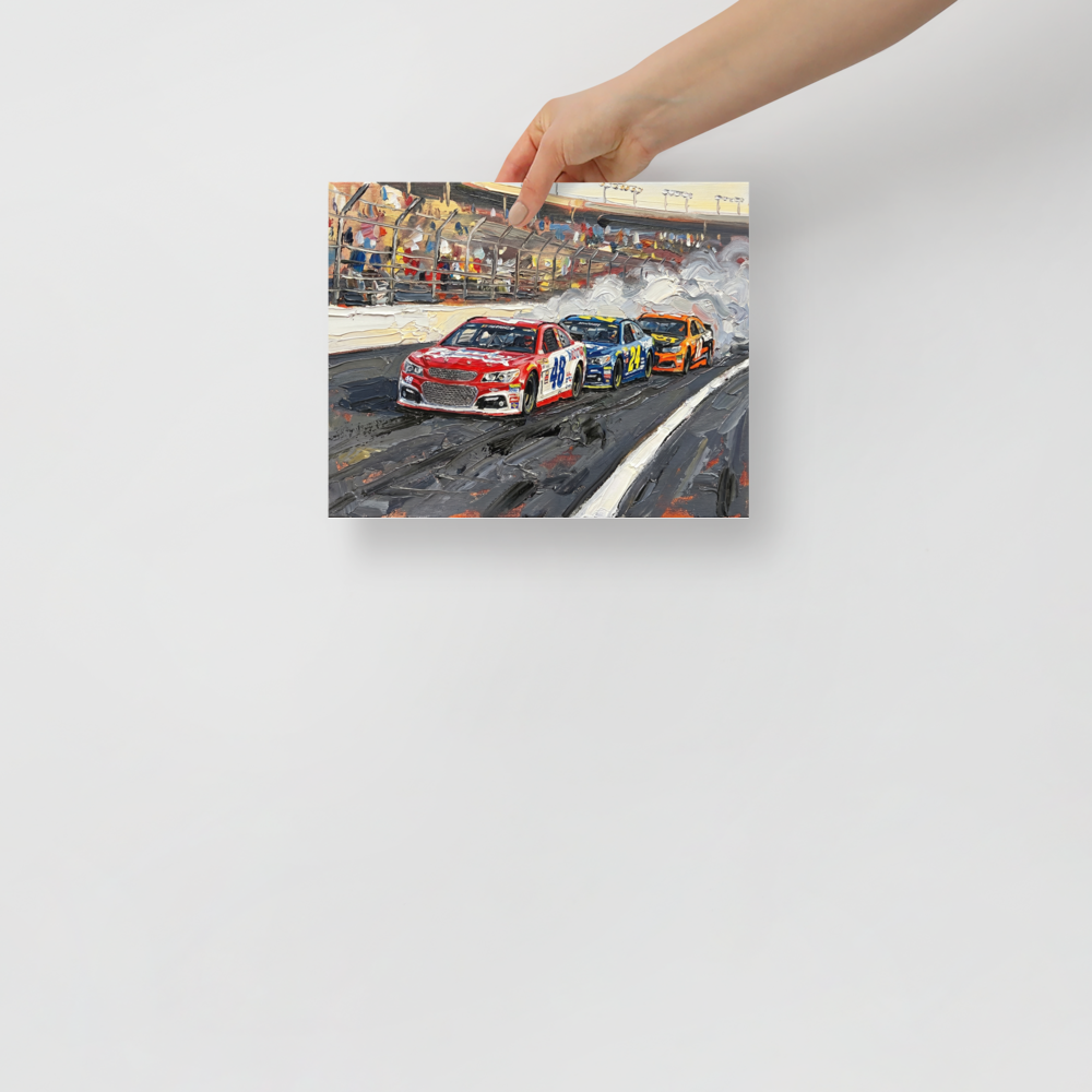 'Thunder on the Track' — a Expressionism print. A highly textured painting of stock cars racing and billowing smoke on a track, perfect for a man cave.