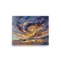 'Swirling Twilight Skies' — a Abstract expressionism print. An abstract impasto oil painting of swirling clouds in purple, gold, and blue, creating a dramatic stormy sky effect for a bedroom or studio.