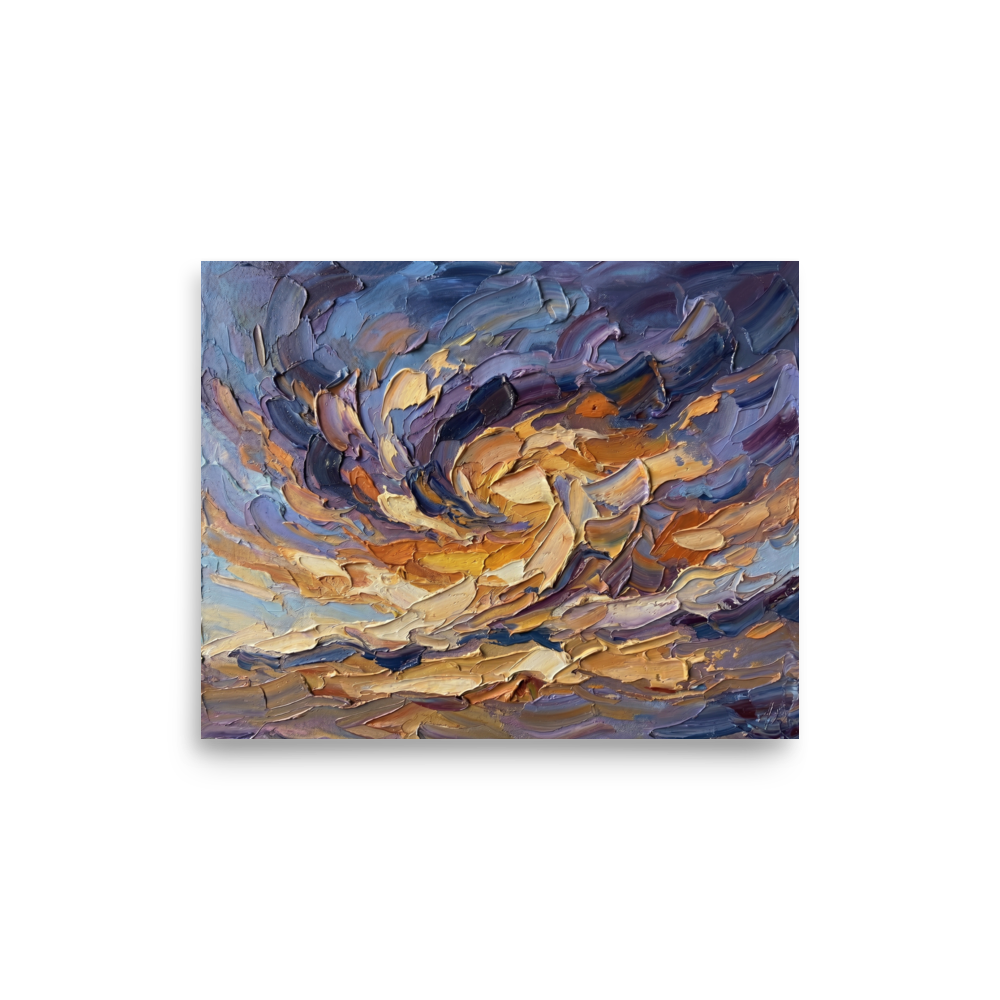 'Swirling Twilight Skies' — a Abstract expressionism print. An abstract impasto oil painting of swirling clouds in purple, gold, and blue, creating a dramatic stormy sky effect for a bedroom or studio.