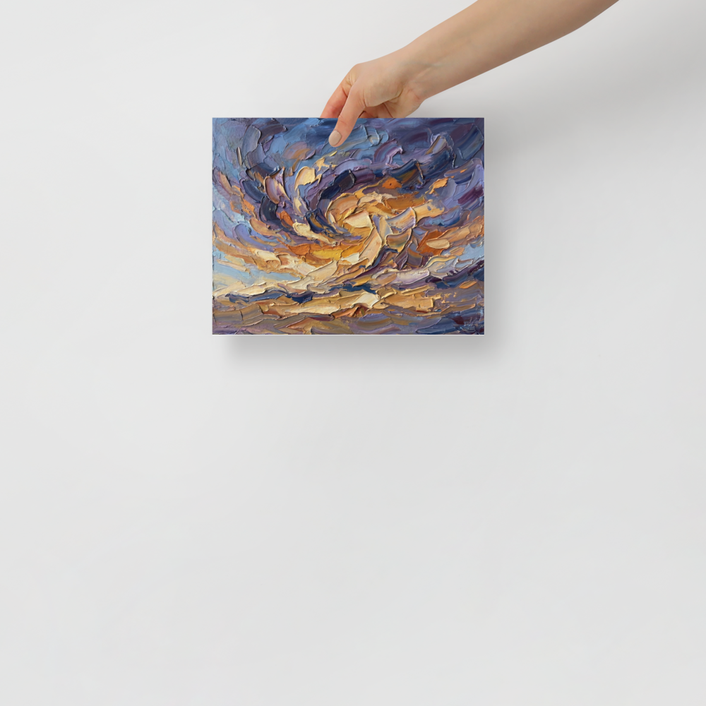 'Swirling Twilight Skies' — a Abstract expressionism print. An abstract impasto oil painting of swirling clouds in purple, gold, and blue, creating a dramatic stormy sky effect for a bedroom or studio.