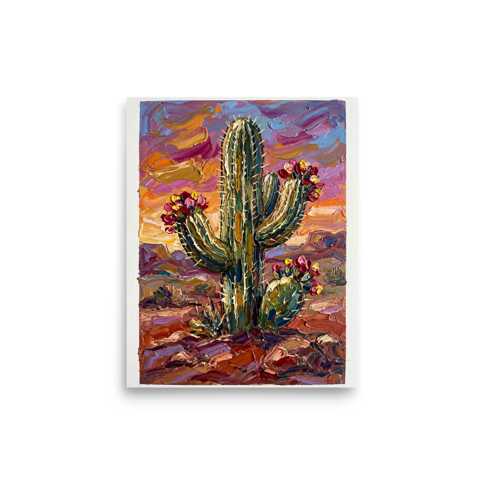 'Desert Bloom' — a Expressionism print. A textured painting of a blooming saguaro cactus against a colorful desert sky, bringing warmth to a sunroom.