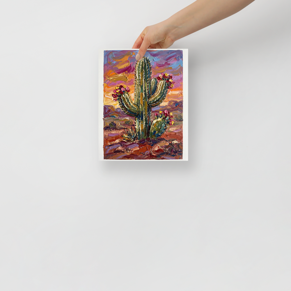 'Desert Bloom' — a Expressionism print. A textured painting of a blooming saguaro cactus against a colorful desert sky, bringing warmth to a sunroom.