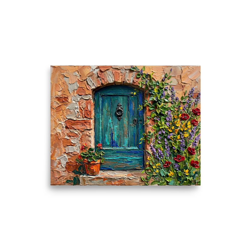 'The Hidden Courtyard Door' — a Impressionism print. A heavily textured impasto painting of a rustic teal wooden door surrounded by stone and climbing flowers in red, purple, and yellow, perfect for an entryway.