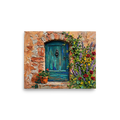 'The Hidden Courtyard Door' — a Impressionism print. A heavily textured impasto painting of a rustic teal wooden door surrounded by stone and climbing flowers in red, purple, and yellow, perfect for an entryway.
