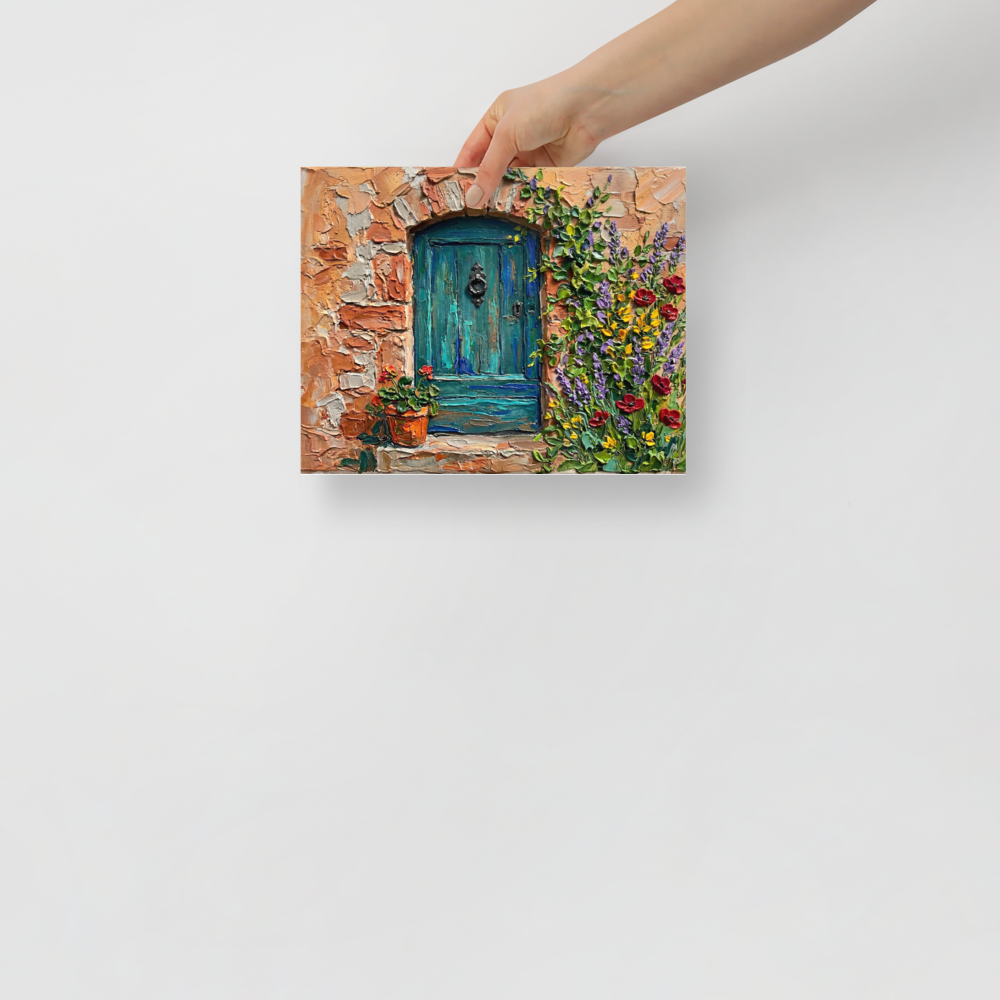 'The Hidden Courtyard Door' — a Impressionism print. A heavily textured impasto painting of a rustic teal wooden door surrounded by stone and climbing flowers in red, purple, and yellow, perfect for an entryway.