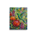 'Emerald Flight Among Proteas' — a Impressionism print. A vibrant impasto painting featuring a brilliant green hummingbird hovering over large red and orange protea flowers against a textured green background, perfect for a living room.