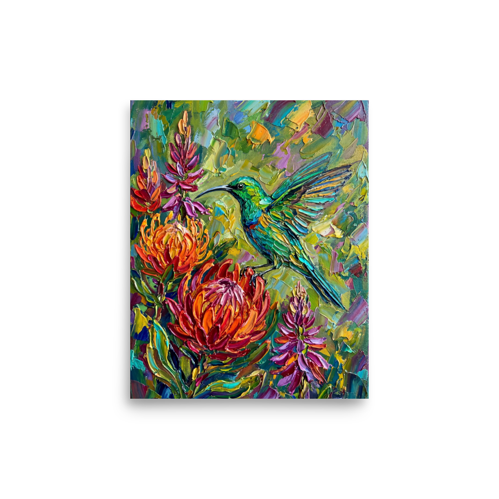 'Emerald Flight Among Proteas' — a Impressionism print. A vibrant impasto painting featuring a brilliant green hummingbird hovering over large red and orange protea flowers against a textured green background, perfect for a living room.