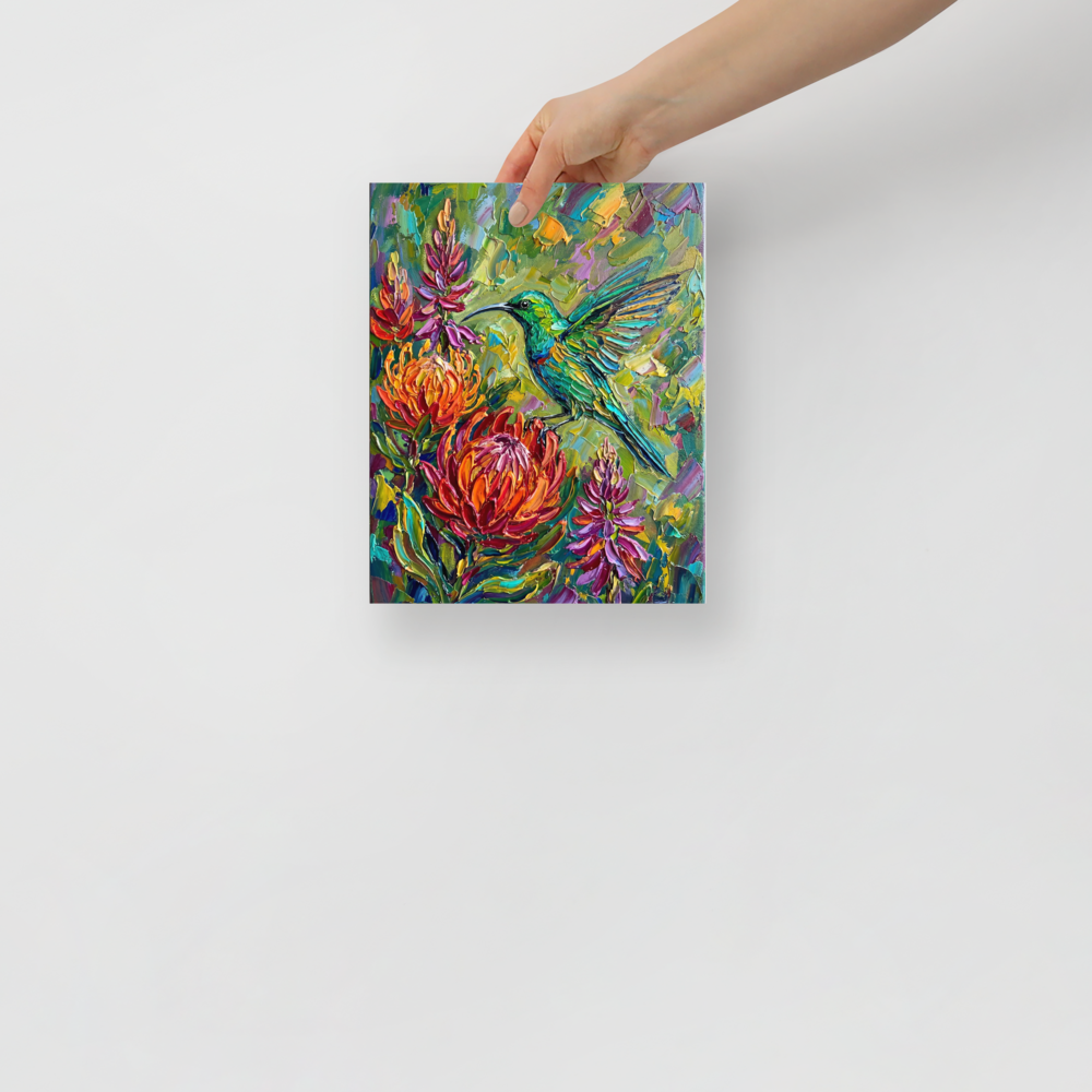 'Emerald Flight Among Proteas' — a Impressionism print. A vibrant impasto painting featuring a brilliant green hummingbird hovering over large red and orange protea flowers against a textured green background, perfect for a living room.