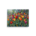 'Tulip Symphony' — a Impressionism print. A textured impasto painting of a vibrant field of tulips in red, yellow, purple, and orange hues, set against a lush green background, ideal for a dining room or bedroom.