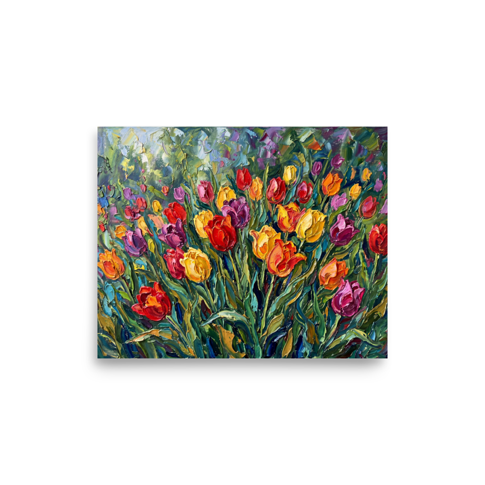 'Tulip Symphony' — a Impressionism print. A textured impasto painting of a vibrant field of tulips in red, yellow, purple, and orange hues, set against a lush green background, ideal for a dining room or bedroom.