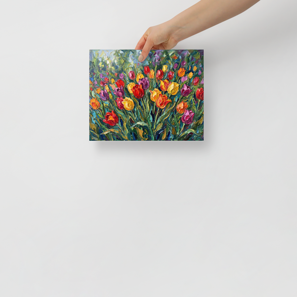 'Tulip Symphony' — a Impressionism print. A textured impasto painting of a vibrant field of tulips in red, yellow, purple, and orange hues, set against a lush green background, ideal for a dining room or bedroom.
