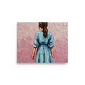 'The Blue Dress' — a Figurative art print. An impasto painting of a woman seen from behind wearing a light blue dress with her hair tied back, standing against a pink wall, perfect for a bedroom.