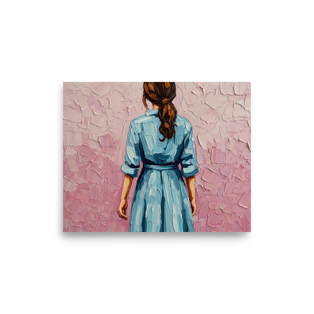 'The Blue Dress' — a Figurative art print. An impasto painting of a woman seen from behind wearing a light blue dress with her hair tied back, standing against a pink wall, perfect for a bedroom.