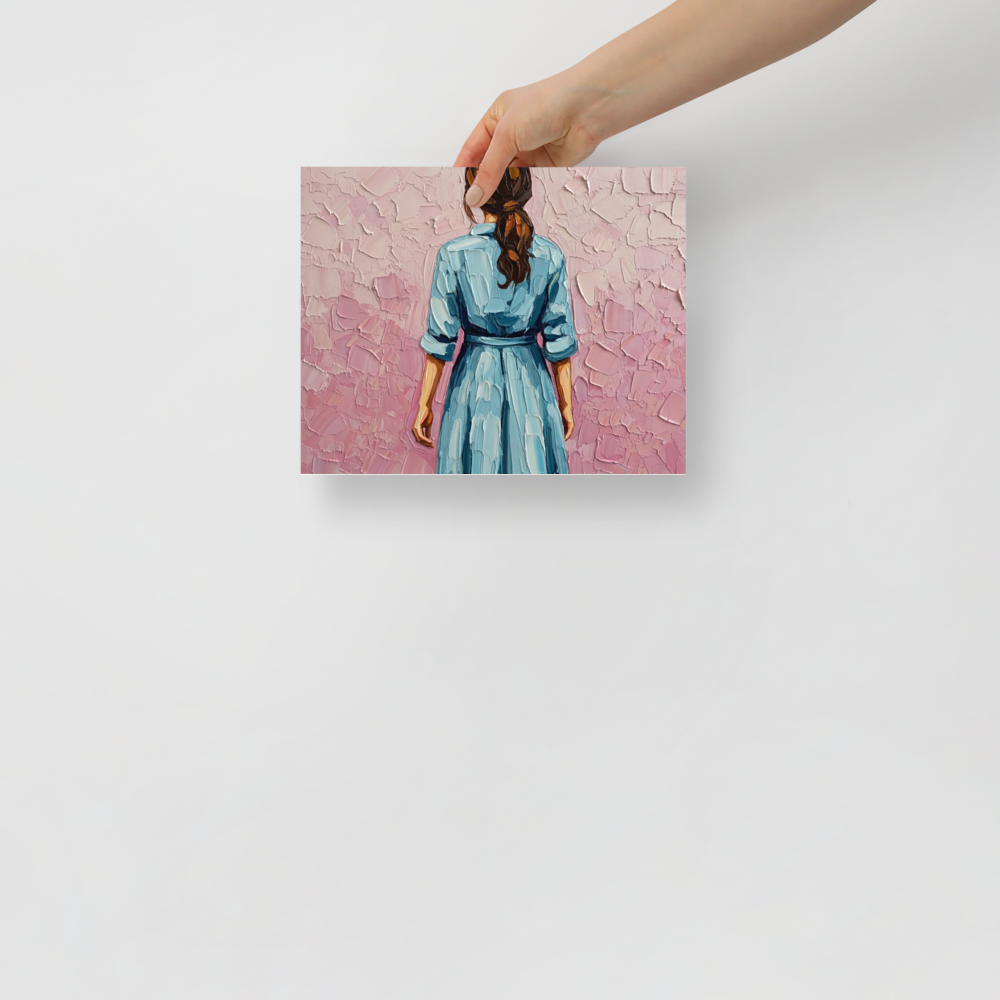 'The Blue Dress' — a Figurative art print. An impasto painting of a woman seen from behind wearing a light blue dress with her hair tied back, standing against a pink wall, perfect for a bedroom.