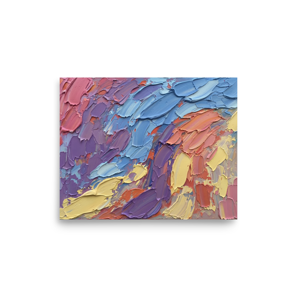 'Vibrant Palette Dance' — a Abstract expressionism print. An abstract oil painting featuring thick, sweeping palette knife strokes in joyful pinks, blues, yellows, and purples, suitable for a living room or office.