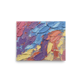 'Vibrant Palette Dance' — a Abstract expressionism print. An abstract oil painting featuring thick, sweeping palette knife strokes in joyful pinks, blues, yellows, and purples, suitable for a living room or office.