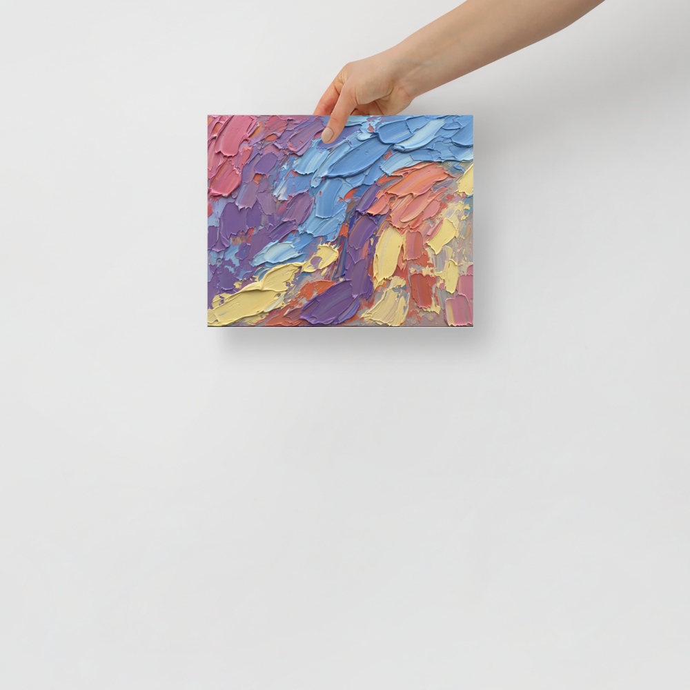 'Vibrant Palette Dance' — a Abstract expressionism print. An abstract oil painting featuring thick, sweeping palette knife strokes in joyful pinks, blues, yellows, and purples, suitable for a living room or office.