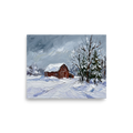 'Winter at the Red Barn' — a Impressionism print. A thick impasto painting of a quiet winter landscape featuring a snowy field, a rustic red barn, and snow-laden evergreen trees under a grey sky, perfect for a living room.