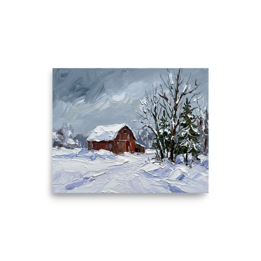 'Winter at the Red Barn' — a Impressionism print. A thick impasto painting of a quiet winter landscape featuring a snowy field, a rustic red barn, and snow-laden evergreen trees under a grey sky, perfect for a living room.
