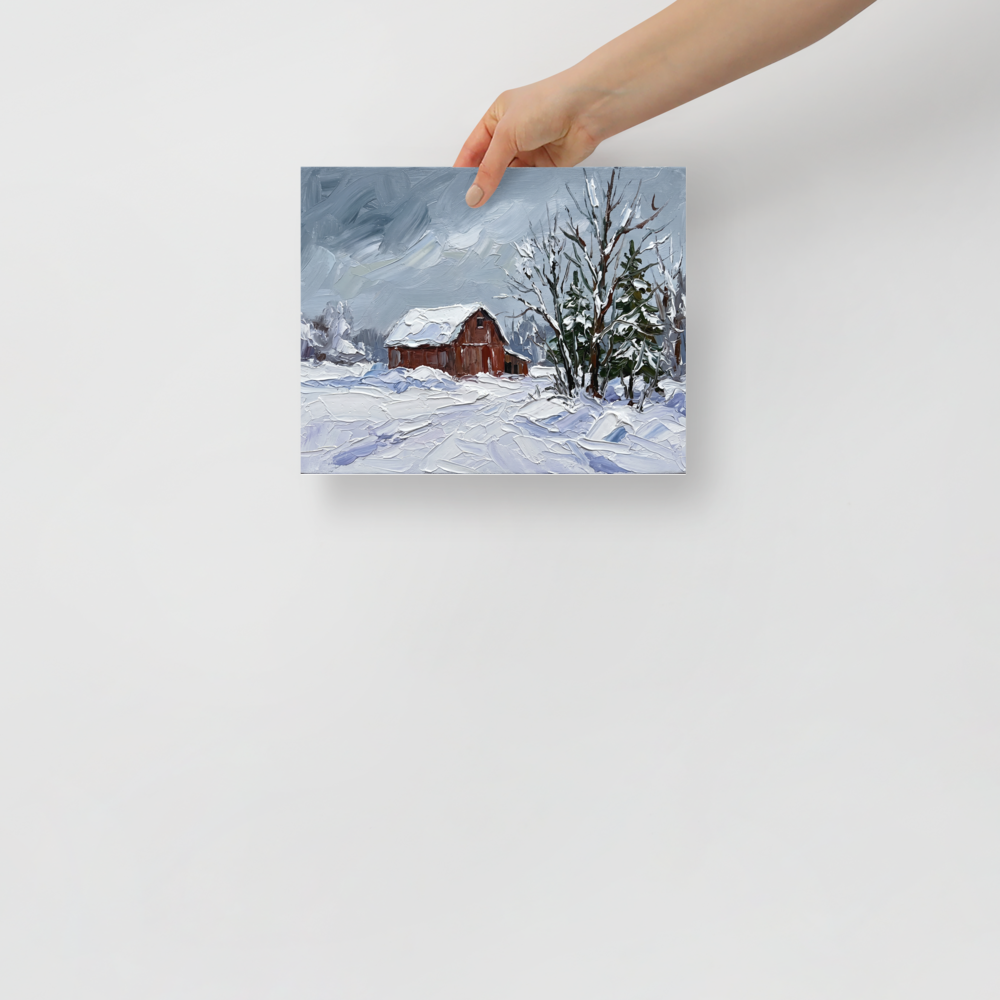 'Winter at the Red Barn' — a Impressionism print. A thick impasto painting of a quiet winter landscape featuring a snowy field, a rustic red barn, and snow-laden evergreen trees under a grey sky, perfect for a living room.