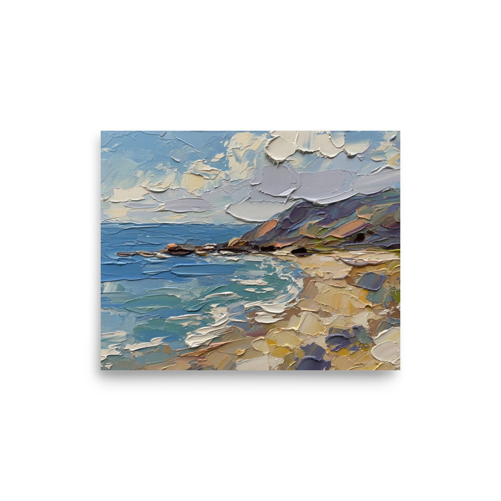 'Impasto Coastline' — a Impressionism print. A heavily textured impasto landscape painting of blue ocean waves crashing against a sandy beach and a rugged cliff under a cloudy sky, great for a living room.