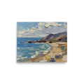 'Impasto Coastline' — a Impressionism print. A heavily textured impasto landscape painting of blue ocean waves crashing against a sandy beach and a rugged cliff under a cloudy sky, great for a living room.