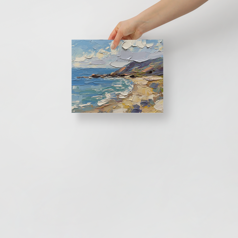'Impasto Coastline' — a Impressionism print. A heavily textured impasto landscape painting of blue ocean waves crashing against a sandy beach and a rugged cliff under a cloudy sky, great for a living room.