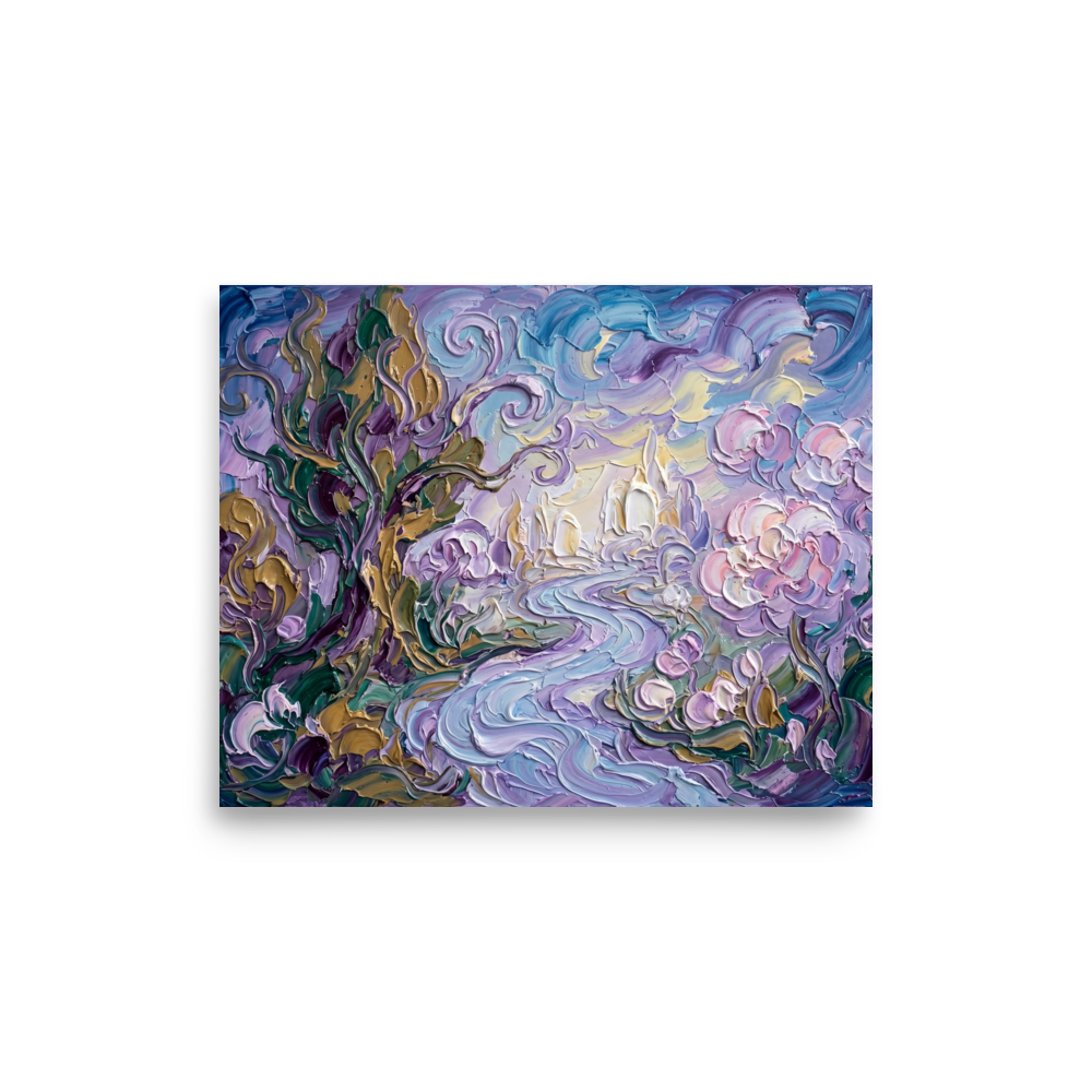 'Lavender Dreamscape' — a Post-Impressionism print. A highly textured abstract landscape painting with swirling lavender and blue skies, pastel pink flowers, and twisting trees in green and gold, perfect for a bedroom.