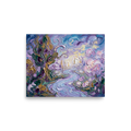 'Lavender Dreamscape' — a Post-Impressionism print. A highly textured abstract landscape painting with swirling lavender and blue skies, pastel pink flowers, and twisting trees in green and gold, perfect for a bedroom.